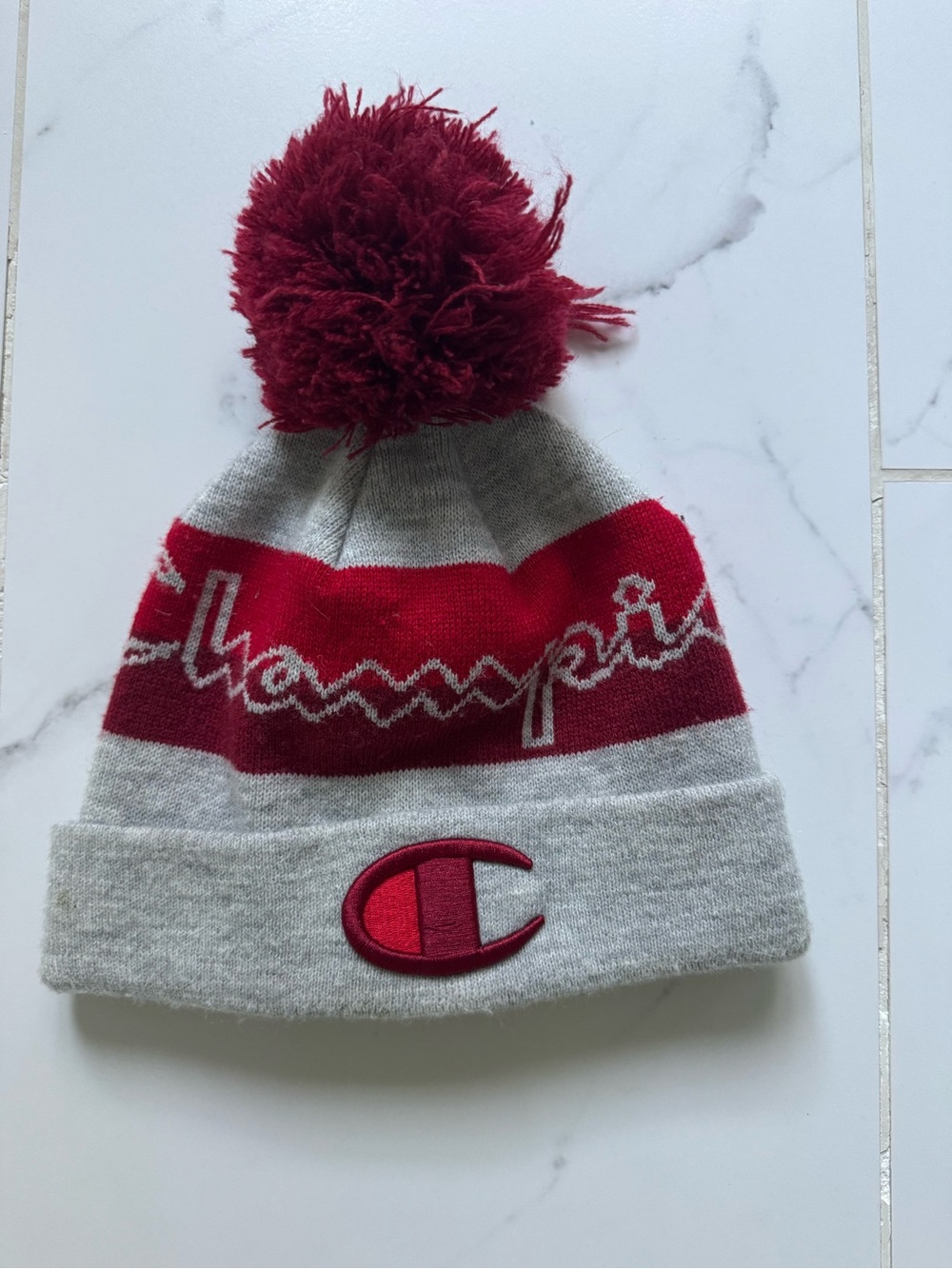 Champion Pom Beanie - Gray & Burgundy